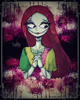 1girl colored_skin darkjack618 dress formal_clothes long_hair looking_at_viewer patchwork_clothes patchwork_skin pinstripe_pattern pinstripe_suit red_hair sally_(nbc) smile stitched_arm stitched_face stitches striped_clothes suit the_nightmare_before_christmas