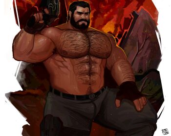 1boy abs absurdres bara beard broad_shoulders chest_hair connected_beard dark-skinned_male dark_skin dominic_santiago facial_hair fingerless_gloves full_beard gears_of_war gloves gun hand_on_own_leg highres holding holding_gun holding_weapon navel pants ruslorc signature strongman_waist topless_female topless_male weapon