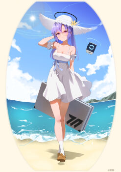 1girl absurdres alternate_costume arm_behind_back arm_up bag beach blue_archive blue_eyes blue_hair blue_sky breasts brown_shoes chinese_commentary cloud commentary dress full_body glasses grey_bag halo hat highres holding holding_bag hoshi_kitsune long_hair looking_at_viewer mechanical_halo medium_breasts ocean shoes sky socks solo standing sun_hat sundress walking white_dress white_hat white_socks yuuka_(blue_archive)