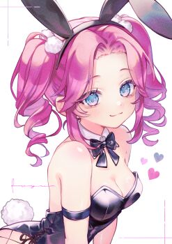 1girl animal_ears bare_shoulders black_bow black_hairband black_leotard blue_eyes bow breasts cleavage clip_studio_paint_(medium) closed_mouth collar commentary_request detached_collar fake_animal_ears fishnet_pantyhose fishnets forehead fuyu_(xxfylia) hairband heart highres leotard looking_at_viewer medium_breasts pantyhose parted_bangs pink_hair playboy_bunny rabbit_ears rabbit_tail ringlets shikoku_metan simple_background smile solo strapless strapless_leotard tail twintails voicevox white_background white_collar wing_collar