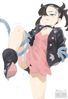 1girl absurdres arms_behind_back black_boots black_collar black_jacket black_panties boots breasts cleavage collar collarbone commentary_request dress eyelashes green_eyes hair_ribbon highres jacket kandori knees leg_up looking_down marnie_(pokemon) nintendo open_clothes open_jacket panties pink_dress pokemon pokemon_sword_and_shield qr_code red_ribbon ribbon slime_(substance) tentacles twintails twitter_username underwear white_background