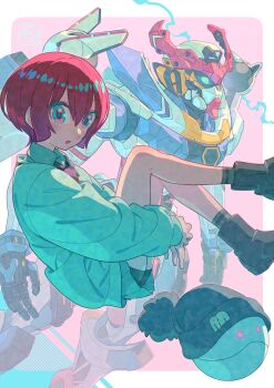 Rule 34 | 1girl, :o, amate yuzuriha, aqua eyes, aqua skirt, beanie, black hat, boots, collared shirt, commentary request, gquuuuuux, grey boots, grey socks, gundam, gundam gquuuuuux, hair between eyes, haro, hat, highres, long sleeves, looking at viewer, mecha, mobile suit, necktie, nobile1031, open mouth, red hair, robot, science fiction, shirt, short hair, skirt, socks, solo focus, sweater, v-fin