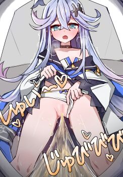 Rule 34 | 1girl, bathroom, blue eyes, blue hair, blush, bow, bow panties, censored, choker, clothes lift, clothing aside, dress, dress lift, female focus, gold trim, hair ornament, lifting own clothes, long hair, mary skelter, mermaid (mary skelter), mosaic censoring, open mouth, panties, panties aside, pee, peeing, solo, underwear, urinal, urinal use, white panties