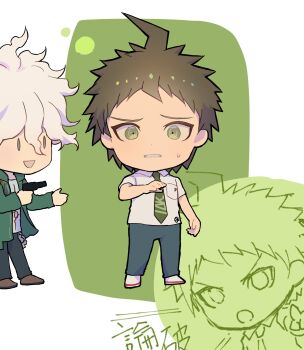 Rule 34 | 2boys, ahoge, black pants, brown hair, brown shoes, chibi, collared shirt, commentary request, danganronpa (series), danganronpa 2: goodbye despair, green background, green eyes, green jacket, green necktie, gun, highres, hinata hajime, holding, holding gun, holding weapon, jacket, komaeda nagito, male focus, messy hair, multiple boys, necktie, open clothes, open jacket, pants, shirt, shoes, short hair, sweatdrop, teeth, weapon, white background, white hair, white shirt, white shoes, youko-shima