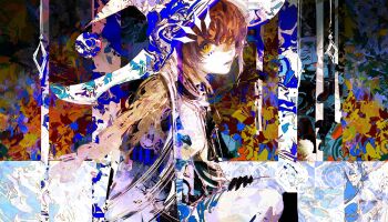 1girl abstract_background brown_hair cloak commentary english_commentary from_side hat highres kevin_adi original wizard_hat yellow_eyes