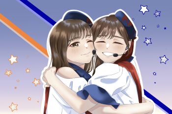 2girls aoyama_nagisa brown_eyes brown_hair clenched_teeth closed_eyes closed_mouth commentary date_sayuri facing_viewer gradient_background grin headset highres hug long_hair looking_at_viewer love_live! love_live!_superstar!! multiple_girls one_eye_closed real_life short_sleeves smile star_(symbol) start!!_true_dreams_(love_live!) teeth upper_body voice_actor wotaku_jinsei_enjoy_ikioi