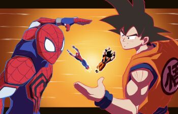 2boys arc_system_works black_eyes black_hair blue_bodysuit blue_sash blue_shirt bodysuit creator_connection crossover dougi dragon_ball dragon_ball_fighterz game_screenshot_inset highres imminent_hand_holding marvel marvel_tokon:_fighting_souls marvel_vs._capcom medium_hair multiple_boys open_hand orange_shirt red_bodysuit sash shirt shotwilly son_goku spider-man spider-man_(series) spiked_hair x-men_vs._street_fighter