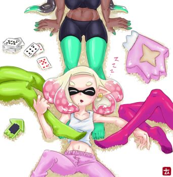 Rule 34 | 4girls, aqua hair, aqua pantyhose, aqua skin, bare arms, bare shoulders, black hair, black shorts, blonde hair, breasts, callie (splatoon), card, cellphone, collarbone, colored skin, cousins, covered erect nipples, dark-skinned female, dark skin, earrings, feet, gluteal fold, gradient hair, green pantyhose, groin, inkling, jewelry, lying, marie (splatoon), marina (splatoon), medium breasts, mole, mole under mouth, multicolored hair, multicolored skin, multiple girls, namuro, navel, nintendo, no shoes, octoling, on back, open mouth, pants, pantyhose, pantyhose under shorts, pearl (splatoon), phone, pink hair, pink pants, pink pantyhose, playing card, pointy ears, shirt, short hair, shorts, sitting, sleeping, smartphone, smartphone case, splatoon (series), splatoon 2, spread legs, stuffed toy, suction cups, tank top, tentacle hair, toes, two-tone hair, two-tone skin, white shirt, zzz