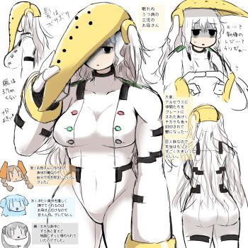 4girls bodysuit check_translation gen_3_pokemon gen_4_pokemon genderswap genderswap_(otf) index_fingers_together kasugai_(de-tteiu) legendary_pokemon long_hair mask mask_on_head messy_hair multiple_girls nintendo personification pokemon pokemon_dppt regice regigigas regirock registeel sleepy standing translation_request visor_lift white_background white_bodysuit white_hair