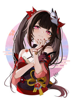 1girl absurdres black_gloves black_hair blush closed_mouth collarbone commentary_request encheru_(th-sto) fox_mask gloves hair_ornament highres honkai:_star_rail honkai_(series) japanese_clothes kimono long_hair looking_at_viewer mask mask_on_head mole mole_under_each_eye mole_under_eye multiple_moles pink_eyes red_kimono red_nails single_glove sleeveless sleeveless_kimono smile solo sparkle_(honkai:_star_rail) twintails very_long_hair