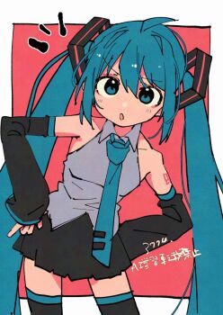 1girl 3774. :o ahoge artist_name bare_shoulders black_skirt black_sleeves black_thighhighs blue_eyes blue_hair blue_necktie border collared_shirt cowboy_shot detached_sleeves double-parted_bangs hair_between_eyes hands_on_own_hips hatsune_miku long_hair long_sleeves looking_at_viewer miniskirt necktie notice_lines open_mouth outside_border pleated_skirt red_background shirt simple_background skirt sleeveless sleeveless_shirt solo thighhighs tie_clip twintails very_long_hair vocaloid watermark white_border zettai_ryouiki