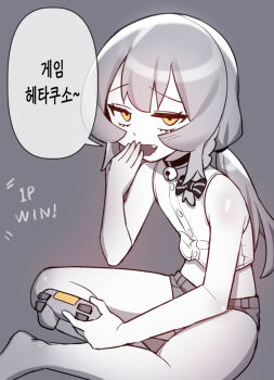 1boy bad_id bad_pixiv_id bare_arms bow controller fang game_controller gamepad grey_background greyscale hair_bow highres holding holding_controller holding_game_controller ikr_(artist) korean_text long_hair looking_at_viewer male_focus monochrome open_mouth osugaki shirt shorts simple_background sitting sleeveless sleeveless_shirt solo speech_bubble spot_color tongkkangi tongkkangi_(streamer) translated trap virtual_youtuber yellow_eyes
