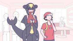 1boy 2girls ^_^ animated audible_music backpack bag banknote baseball_cap black_hair black_sclera black_skin blue_pants blush blush_stickers breasts brown_hair burger cash_register cashier chewing closed_eyes clothes_grab collarbone collared_shirt colored_sclera colored_skin credits cup dangoheart_animation disposable_cup dollar_bill double_bun drink drinking_straw eating embarrassed english_text faceless faceless_male food french_fries garchomp gen_4_pokemon grin hair_bun hand_on_own_hip hand_up hands_up happy happy_meal hat highres holding holding_food holding_own_arm hug index_fingers_together indoors large_breasts laughing lizard_tail looking_at_another looking_down mcdonald&#039;s money monster_girl multicolored_skin multiple_girls navel nervous nintendo nose_blush pants people personification pointing poke_ball_symbol pokemon pokemon_(creature) raised_eyebrows red_headwear red_shirt red_skin restaurant sharp_teeth shirt short_hair short_sleeves sidelocks sitting sleeve_grab smile sound sparkle speech_bubble spoken_object standing surprised table tail tail_wagging talking teeth thinking toy tray upper_body v vaporeon_copypasta_(meme) video yellow_eyes yellow_skin