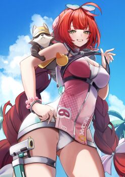 1girl 1other ahoge animal animal_on_shoulder bare_shoulders blue_sky bracelet braid braided_twintails breasts camera camera_around_neck charm_(object) cleavage cloud commentary_request cowboy_shot day eyewear_on_head facial_mark from_below gradient-tinted_eyewear green_eyes grin hair_ornament hair_ribbon half-closed_eyes hand_on_own_hip hearing_aid heart heart-shaped_eyewear heart_facial_mark highres jewelry kamanosuke_(zenless_zone_zero) long_hair looking_at_viewer low_twintails medium_breasts official_alternate_costume one-piece_swimsuit outdoors panties pink_one-piece_swimsuit red_hair ribbon sky smile sphere_hair_ornament swimsuit thigh_strap tinted_eyewear twintails two-tone_one-piece_swimsuit ukinami_yuzuha ukinami_yuzuha_(tanuki_in_broad_daylight) underwear water_gun white_panties yellow_nails yutoriko_(candy0905) zenless_zone_zero