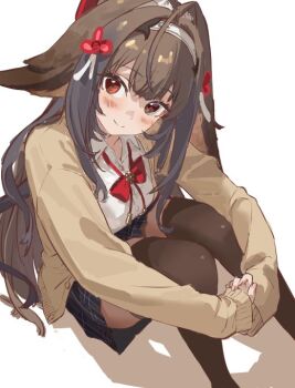 1girl alternate_costume black_skirt blush bow breasts brown_cardigan brown_thighhighs cardigan chest_bow closed_mouth collarbone commentary droopy_ears english_commentary feet_out_of_frame from_above hair_intakes hairband knees_up looking_at_viewer mashaer1548298 medium_breasts open_clothes red_bow red_eyes shadow shirt simple_background sitting skirt smile solo thighhighs white_background white_hairband white_shirt ye_shunguang zenless_zone_zero