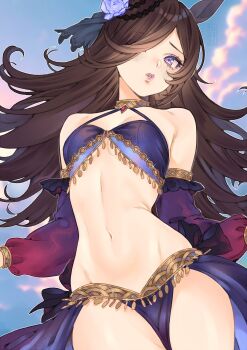 1girl absurdres brown_hair detached_sleeves groin highres jewelry long_hair looking_at_viewer midriff navel neck_ring purple_eyes revealing_clothes rice_shower_(umamusume) solo umamusume yiiande