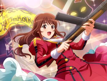1girl brown_eyes brown_hair dress erica_fontaine game_cg gun holding holding_gun holding_weapon long_hair long_sleeves looking_at_viewer low-tied_long_hair official_art open_mouth puffy_long_sleeves puffy_sleeves red_dress sakura_taisen shoujo_kageki_revue_starlight shoujo_kageki_revue_starlight_-re_live- solo stage submachine_gun upper_body weapon weapon_request