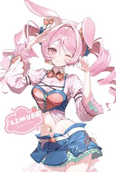 1girl ;3 animal_ear_fluff animal_ears artist_name blue_skirt blush bow bowtie closed_mouth commentary commission cowboy_shot crop_top cropped_shirt frilled_skirt frilled_sleeves frills hair_between_eyes hands_up highres limu838 long_hair long_sleeves looking_at_viewer midriff navel one_eye_closed original pink_hair pink_shirt rabbit_ears rabbit_girl red_bow red_bowtie red_eyes shirt simple_background skirt smile solo twintails white_background wide_sleeves