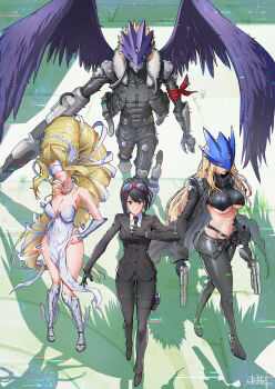 1boy 3girls ankle_gun arm_cannon arm_scarf armpits bare_shoulders beelstarmon beelzebumon beelzebumon_blast_mode belt black_boots black_coat black_gloves black_hair black_jacket black_necktie black_pants black_shoes black_suit black_vest black_wings blindfold blonde_hair blue_mask boots breasts cleavage closed_mouth coat collar collarbone collared_shirt colored_skin commentary covered_abs covered_eyes covered_navel cropped_jacket cropped_vest demon_boy digimon digimon_(creature) digimon_story:_time_stranger dress dress_pants dress_shoes dual_wielding eye_mask feathered_wings formal_clothes full_body fur-trimmed_jacket fur_trim gauntlets glitch gloves goggles goggles_on_head green_eyes grin groin group_picture gun hair_between_eyes hair_ribbon hand_on_own_hip high_heel_boots high_heels highres holding holding_gun holding_weapon holster jacket jewelry large_breasts leather leather_jacket leather_pants leg_armor leg_holster lipstick long_hair looking_at_viewer makeup mask multiple-barrel_gun multiple_girls navel necklace necktie o-ring o-ring_bottom o-ring_panties official_alternate_costume open-toe_shoes open_clothes open_coat open_jacket pant_suit panties pants parted_lips pelvic_curtain purple_eyes purple_lips purple_mask red_scarf ribbon scarf shadow shiny_hazel shirt shoes short_hair sidelocks signature single_gauntlet smile standing steel-toe_boots stomach strapless strapless_dress suit suit_jacket teeth thigh_holster third_eye tight_clothes tight_pants underboob undershirt underwear vambraces venusmon very_long_hair vest walking weapon white_collar white_dress white_ribbon white_shirt wing_ears wings yuuki_kanan zipper