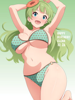 1girl :d absurdres aqua_eyes armpits arms_up barefoot bikini blunt_bangs breasts commentary_request dated earrings flower gradient_background green_background green_bikini green_hair hair_flower hair_ornament happy_birthday highres idolmaster idolmaster_million_live! idolmaster_million_live!_theater_days jewelry large_breasts long_hair mei_ichi navel o-ring o-ring_bikini open_mouth polka_dot polka_dot_bikini shimabara_elena simple_background smile solo swimsuit underboob