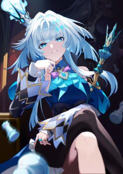 Rule 34 | 2girls, absurdres, aqua eyes, aqua hair, asymmetrical legwear, black thighhighs, blue shirt, cerydra (honkai: star rail), chess piece, collarbone, collared shirt, commentary request, crossed legs, crown, diamond-shaped pupils, diamond (shape), feng zhu shang beo hen, hair intakes, highres, honkai: star rail, honkai (series), hysilens (honkai: star rail), jewelry, knight (chess), long sleeves, multicolored hair, multiple girls, parted lips, ring, scepter, shirt, single thighhigh, sleeveless, sleeveless shirt, solo focus, symbol-shaped pupils, thighhighs, tilted headwear, white hair, wide sleeves