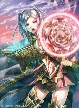 1girl armor armored_boots bisaiiiii black_gloves black_robe book boots commentary_request female_robin_(fire_emblem) female_robin_(grandmaster)_(fire_emblem) fire_emblem fire_emblem_awakening fire_emblem_cipher gloves holding holding_book long_hair magic nintendo official_art open_clothes open_mouth open_robe robe solo standing thigh_boots thighs tongue twintails white_hair