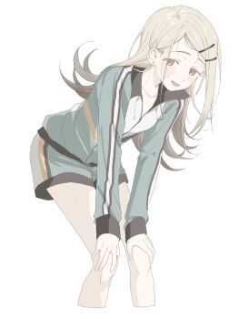 1girl aru_(purepur8) black_jacket black_shorts blonde_hair blush breasts collarbone cropped_legs earrings flipped_hair gakuen_idolmaster gradient_hair green_jacket green_shorts grey_hair hair_ornament hairclip hands_on_own_knees highres idolmaster jacket jewelry leaning_forward long_hair long_sleeves looking_at_viewer multicolored_hair multicolored_jacket multicolored_shorts open_mouth orange_eyes parallel_hairclips parted_bangs partially_unzipped shinosawa_hiro shorts simple_background small_breasts solo standing striped_clothes striped_jacket striped_shorts stud_earrings sweat track_jacket white_background white_jacket white_shorts zipper zipper_pull_tab