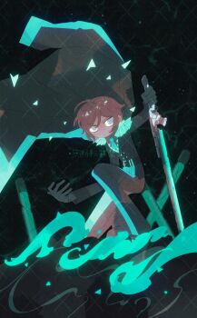 1girl armor belt black_belt black_coat black_jacket black_pants blind_obsession_(e.g.o) brown_hair coat coat_on_shoulders dark-skinned_female dark_skin e.g.o_(project_moon) fluorescent_lamp grey_eyes hand_up highres holding holding_sword holding_weapon jacket limbus_company looking_at_viewer outis_(project_moon) pants pauldrons project_moon short_hair shoulder_armor solo sword waves weapon yesheng_zong_ren