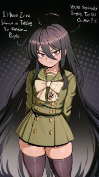 1girl absurdres ahoge amulet angry arms_behind_back black_hair black_thighhighs bow brown_eyes buttons closed_mouth collarbone commentary deitysexual dotted_background double-breasted english_commentary english_text flat_chest frown green_sailor_collar green_serafuku hair_between_eyes hair_spread_out highres jewelry long_hair long_sleeves looking_at_viewer misaki_high_school_uniform multicolored_hair necklace pendant petite sailor_collar school_uniform serafuku shakugan_no_shana shana simple_background skindentation skirt solo straight_hair streaked_hair thick_thighs thighhighs thighs very_long_hair