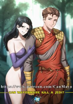 1boy 1girl bare_legs black_eyes black_hair breasts brown_eyes brown_hair cleavage earrings elbow_gloves gloves highleg highleg_leotard highres jedi jewelry legs leotard light_blush long_hair medium_breasts outdoors shiny_skin short_hair sith smile star_wars stud_earrings teeth thighs tree zxpfer