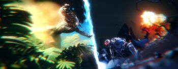 2boys 3d absurdres alien arm_blade battle chromatic_aberration clenched_hand commentary crossover english_commentary explosion fortnite glowing glowing_eyes highres humanoid_robot incoming_attack incoming_punch joints jumping jungle male_focus metal_skin multiple_boys nature predator_(1987) predator_(character) predator_(series) punching robot robot_joints ruff_(ruffianfn) t-800 terminator_(series) the_terminator weapon