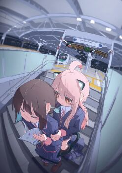 2girls ^^^ absurdres ahoge animal_ear_fluff animal_ears biting_hair blue_hair blue_jacket blue_skirt blush_stickers book brown_eyes brown_hair brown_shoes cat_ears cat_tail closed_eyes clothes_pull colored_inner_hair commentary enosawari extra_ears from_above hair_between_eyes highres holding holding_book hozuki_momiji jacket loafers long_hair long_sleeves multicolored_hair multiple_girls neck_ribbon onii-chan_wa_oshimai! oyama_mahiro pink_hair pleated_skirt ponytail public_indecency red_ribbon ribbon school_uniform shirt shoes short_hair short_ponytail skirt skirt_pull stairs subway_station suspender_skirt suspenders tail tail_wrap train two-tone_hair white_shirt wing_collar yuri yurie_mouth