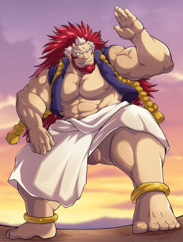 1boy abs anklet bara bare_pectorals barefoot beard chobikuma commentary_request earrings facial_hair feet highres huge_pectorals jewelry long_hair male_focus migi_(yomi_no_tsugai) multicolored_hair muscular muscular_arms muscular_male nipples pectorals red_hair sharp_teeth small_horns solo teeth testicle_peek testicles two-tone_hair veins very_long_hair yomi_no_tsugai