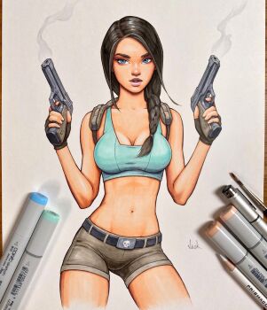 1girl art_tools_in_frame black_hair blue_eyes blue_sports_bra braid breasts brown_shorts cleavage commentary cropped_legs dual_wielding english_commentary gun hair_over_shoulder handgun highres holding holding_gun holding_weapon lara_croft marker_(medium) medium_breasts navel parted_lips photo_(medium) pink_lips shorts signature single_braid smoke solo sports_bra tomb_raider traditional_media weapon will_jack