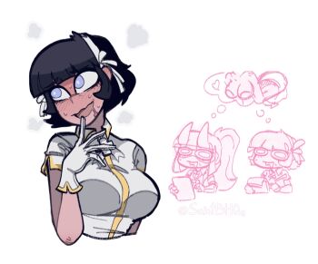 angel azazel_(helltaker) black_hair blue_eyes blush breasts bxbyglossie demon_girl demon_horns demon_tail full-face_blush gloves goggles hair_ribbon helltaker highres horns large_breasts looking_to_the_side loremaster_(helltaker) multiple_views notepad open_mouth ponytail ribbon saliva shared_thought_bubble shirt short_hair short_sleeves simple_background speech_bubble sweat tail taking_notes thought_bubble white_background white_gloves white_shirt