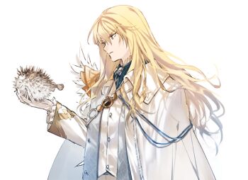 1boy animal ascot bishounen blonde_hair blue_ascot blue_eyes brooch cape collared_cape commentary fate/grand_order fate_(series) feathers fish formal_clothes frilled_sleeves frills from_side gloves gold_trim hair_between_eyes hand_up holding holding_animal holding_fish jacket jewelry kirschtaria_wodime long_hair long_sleeves looking_ahead m-tobiei male_focus open_clothes open_jacket parted_lips puffer_fish shirt side_cape simple_background solo suit upper_body vest white_background white_cape white_feathers white_gloves white_jacket white_shirt white_suit white_vest