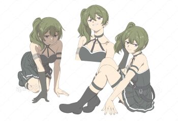 1girl all_fours atsumi_tomoya belt black_boots black_dress boots collarbone commentary_request dress elbow_gloves from_side gloves green_hair looking_at_viewer multiple_girls side_ponytail simple_background single_elbow_glove single_glove sitting smile sousou_no_frieren ubel_(sousou_no_frieren) upper_body white_background