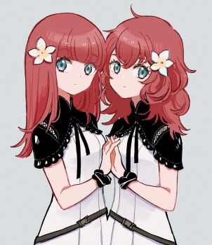 2girls aqua_eyes blunt_bangs closed_mouth commentary_request devola eyelashes flower grey_background hair_flower hair_ornament highres holding_hands multiple_girls nier nier_(series) nmiznm popola red_hair siblings simple_background sisters standing white_flower