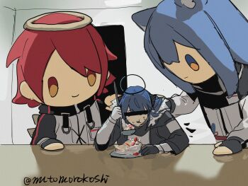 1girl 2others animal_ears arknights asymmetrical_gloves bar_censor black_coat black_gloves blank_room_soup blue_hair cake censored censored_identity coat cosplay crying eating exusiai_(arknights) exusiai_(arknights)_(cosplay) food gloves halo hand_on_another&#039;s_back hand_up highres holding holding_ladle hood hood_down hooded_coat horns hunched_over indoors ladle long_hair long_sleeves mascot_costume mismatched_gloves mostima_(arknights) multiple_others mutomorokoshi open_clothes open_coat open_mouth orange_eyes parody red_hair reflective_table short_hair smile strawberry_cake table texas_(arknights) texas_(arknights)_(cosplay) twitter_username white_gloves