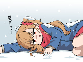 2girls :d ahoge bow bowtie brown_eyes closed_mouth commentary_request cowboy_shot distress duplicate frozen happy highres holding_hands ikizulive!_love_live!_bluebird jacket koaraya long_hair looking_at_viewer love_live! multiple_girls neckerchief open_mouth pixel-perfect_duplicate pleated_skirt red_scarf red_skirt scarf shirt short_hair skirt smile snow snowing sweater takahashi_polka translated white_shirt