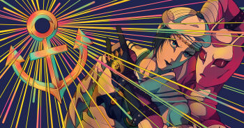 2boys absurdres anchor anchor_symbol black_hair black_lips blue_eyes colored_sclera hat highres jojo_no_kimyou_na_bouken jojolion killer_queen kira_yoshikage_(jojolion) loosely_tucked_bangs male_focus multiple_boys red_sclera sailor sailor_hat siniy slit_pupils