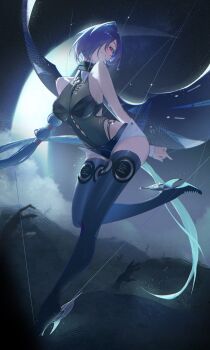 1girl absurdres arms_behind_back black_leotard boots breasts call_me_gogo_cc coat commentary_request crescent_moon highres large_breasts leotard long_hair moon night promeia_(zenless_zone_zero) purple_boots purple_coat purple_eyes purple_hair solo standing standing_on_one_leg thighs two-tone_shorts very_long_hair zenless_zone_zero