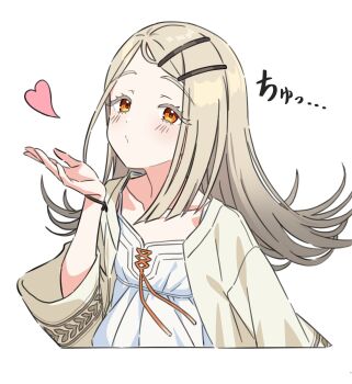 1girl blonde_hair blowing_kiss blush camisole closed_mouth collarbone colored_eyelashes commentary_request cropped_torso flipped_hair gakuen_idolmaster gradient_hair grey_hair hair_ornament hairclip hand_up heart highres idolmaster kousuke0912 long_hair looking_at_viewer multicolored_hair open_clothes open_robe orange_eyes orange_ribbon parallel_hairclips parted_bangs puckered_lips ribbon robe shinosawa_hiro solo translation_request upper_body white_camisole white_robe wide_sleeves
