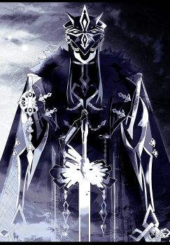 1boy absurdres cape capitano_(genshin_impact) collared_shirt commentary_request fur-trimmed_cape fur_trim genshin_impact greyscale helmet highres long_hair male_focus monochrome shirt solo standing straight-on sword weapon zeroartwo