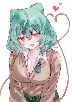 1girl :d bob_cut breasts brown_sweater cleavage collared_shirt commentary_request fang green_hair green_skirt gyaru gyaru_bulbasaur hezi_(measukivov) highres large_breasts looking_at_viewer nintendo open_mouth personification pokemon red_eyes shirt simple_background skin_fang skirt smile solo sweater upper_body white_background white_shirt