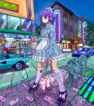 Rule 34 | 1girl, absurdly detailed composition, ace akira, animal ears, apron, bag, blue dress, blue eyes, bugatti, bugatti eb 110, building, car, chain, chinese clothes, city, complex exterior, dress, earrings, hair ornament, handbag, high heels, holding, holding bag, jaggy lines, jewelry, juliet sleeves, lamborghini, lamborghini countach, leash, leopard, long sleeves, maid, maid headdress, motor vehicle, original, outdoors, panda, pixel art, puffy sleeves, purple hair, qi maid, short hair, socks, solo, super famicom gamepad, white apron, white socks
