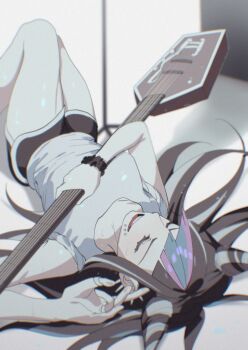 1girl black_hair black_scrunchie black_shorts blue_streaks breasts closed_eyes commentary danganronpa_(series) danganronpa_2:_goodbye_despair dolphin_shorts face_piercing guitar hair_horns highres holding holding_guitar holding_instrument indoors instrument jewelry knees_up kuma_(id7dug) long_hair lying mioda_ibuki multicolored_hair multiple_rings on_back open_mouth piercing pink_streaks ring scrunchie shiny_skin shirt shorts silver_ring smile solo spiked_ear_piercing streaked_hair sweat t-shirt teeth tongue upper_teeth_only white_shirt wrist_scrunchie