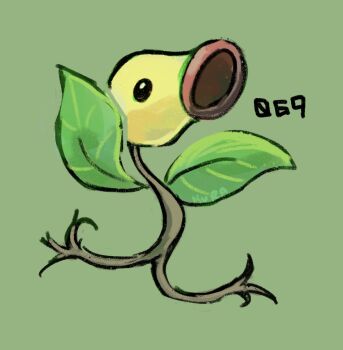 Rule 34 | bellsprout, commentary, english commentary, full body, gen 1 pokemon, green background, kurapixel, leaf, nintendo, no humans, numbered, pokedex number, pokemon, pokemon (creature), simple background, solo
