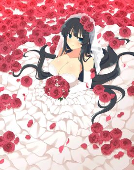 1girl bare_shoulders black_hair blue_eyes breasts bridal_bouquet bridal_gloves bridal_veil cleavage dress elbow_gloves flower gloves hair_flower hair_ornament highres ikaruga_(senran_kagura) kneeling kneeling_female large_breasts long_hair looking_at_viewer red_flower red_rose rose senran_kagura sideboob smile solo veil wedding_dress