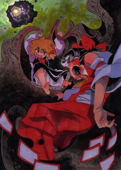 2girls ;d absurdres ascot barefoot between_fingers black_eyes black_hair black_shirt black_skirt blonde_hair bloomers blush bow darkness detached_sleeves facing_another falling_leaves foliage from_side full_moon hair_bow hair_tubes hakama hakurei_reimu highres holding holding_ofuda inuyama_konan japanese_clothes leaf medium_hair moon multiple_girls ofuda ofuda_between_fingers one_eye_closed open_mouth red_ascot red_bow red_hakama red_shirt rumia shirt skirt smile spiked_hair teeth touhou underwear yellow_ascot